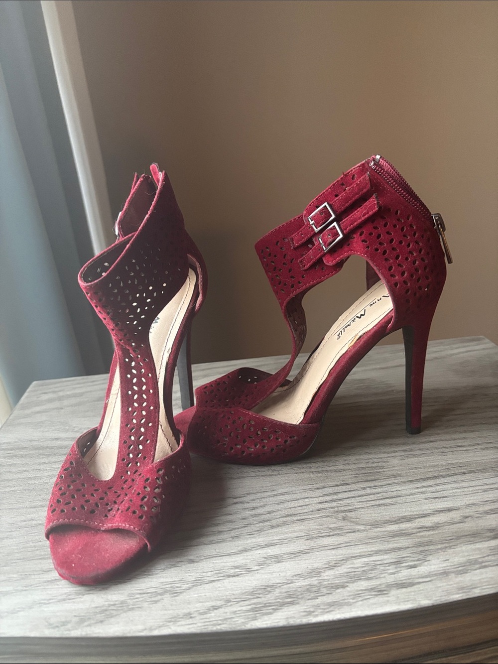 Anne Michelle Red Suede Perforated High Heel Sandals with Ankle Buckles